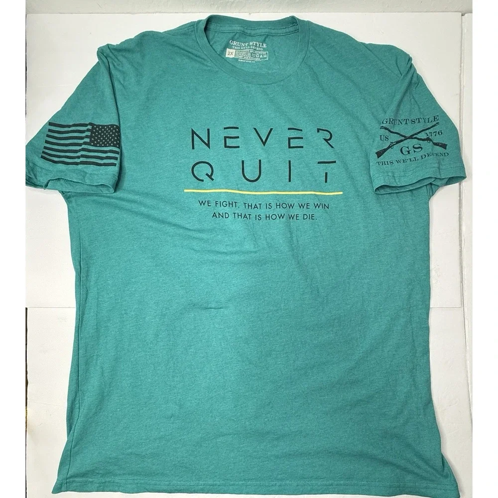 Grunt Style Shirt Mens Size 2XL Turquoise Never Quit Persevere Flag American